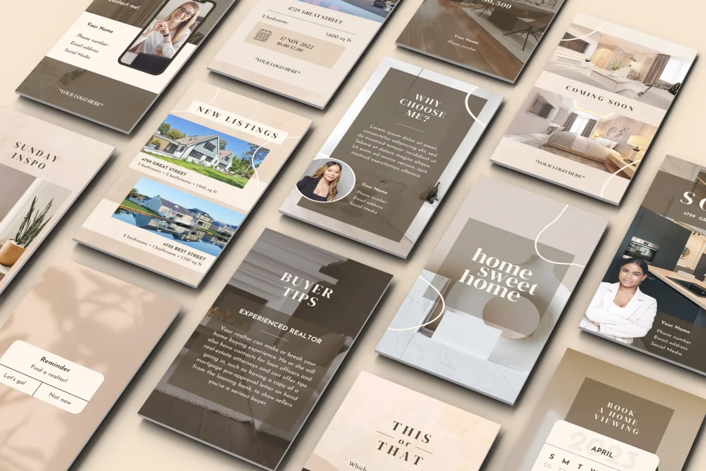 Design för sociala medier-stories som visar livsstilsbilder och stories i ett kollage, skapad av frilansande grafisk designer i Stockholm.
