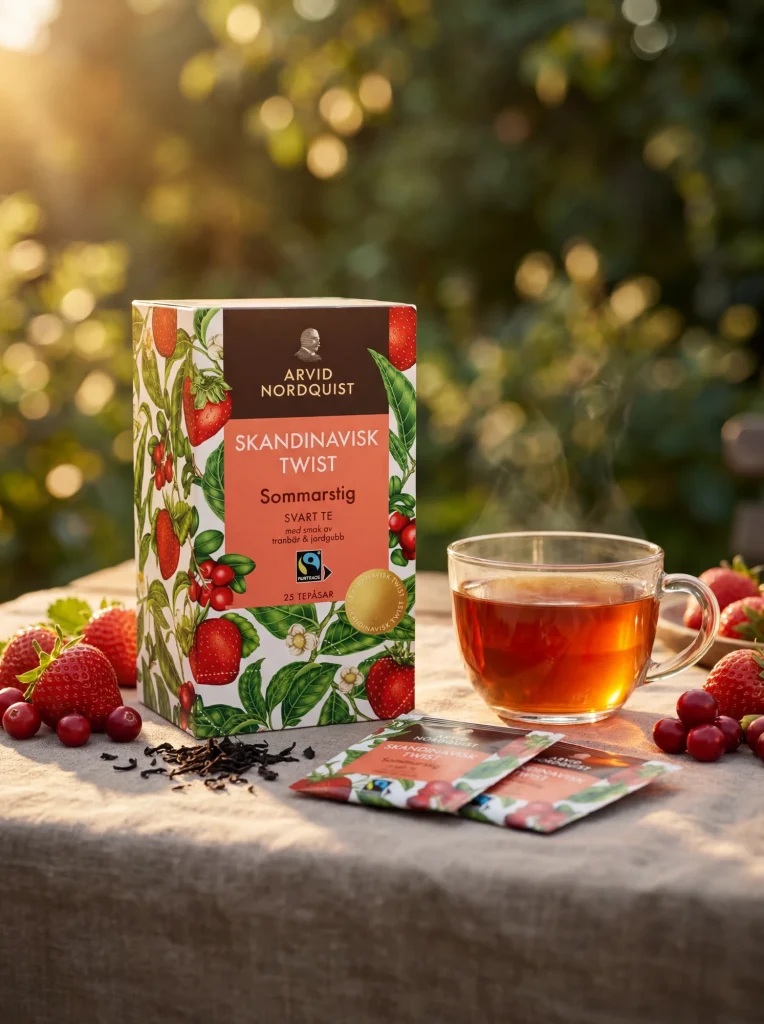 AI-genererad produktbild för Arvid Nordqvist Sommarstig Svart Te, där förpackningen smälter samman med ett skandinaviskt sommarlandskap fullt av vildsmultron och daggkåpa.