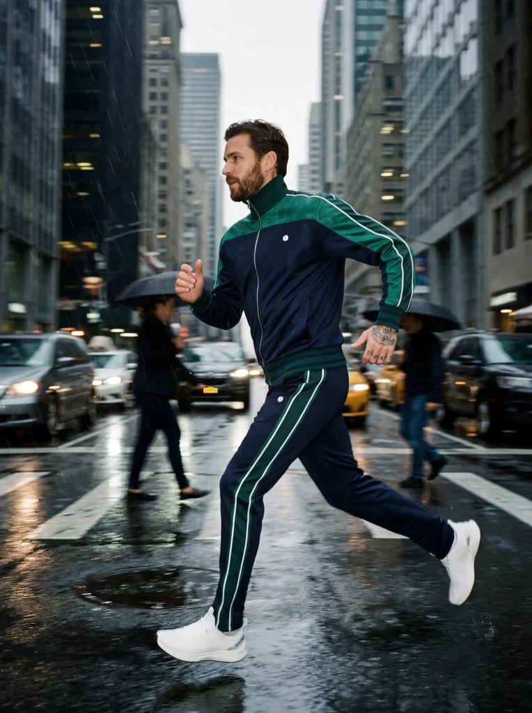 AI-bild på en modell som springer i Björn Borg Ace Retro Track Jacket och sneakers i New York Citys gatumiljö, skapad för sportmarknadsföring.