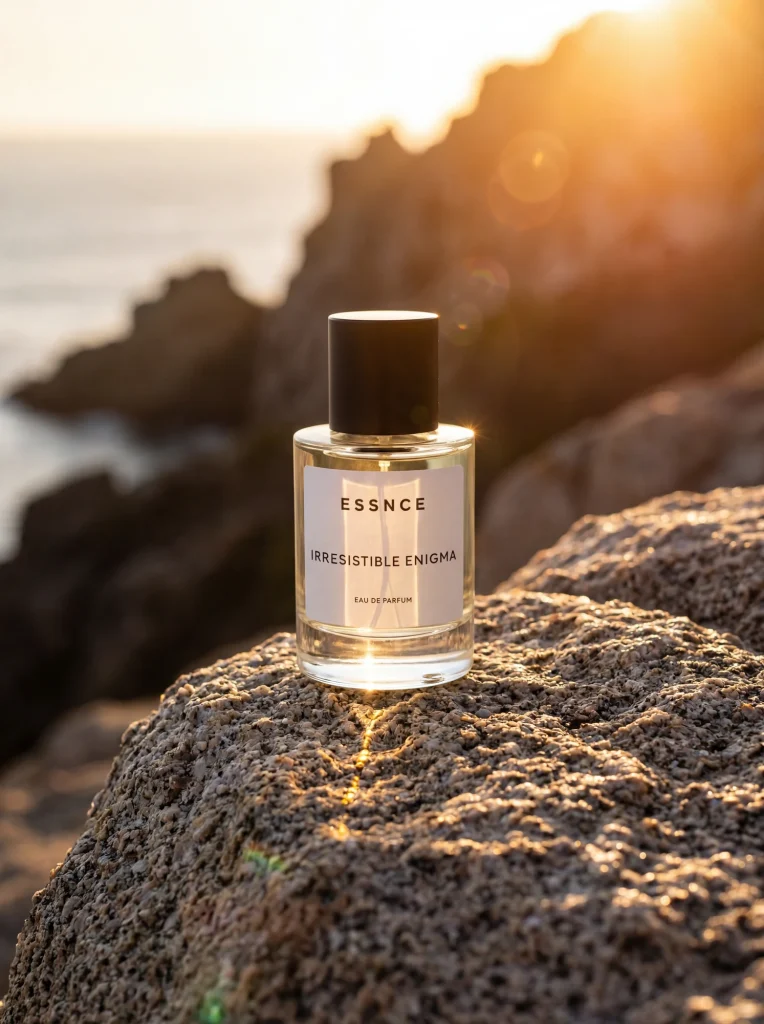 Parfymflaskan ESSNCE Irresistible Enigma på en klippa vid havet i gyllene solnedgång, AI-skapad miljöbild.