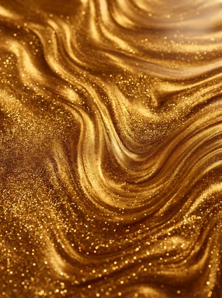 Detaljerad AI-bild av en glittrig guldformula-textur, perfekt för kosmetikabilder och beauty-marknadsföring.