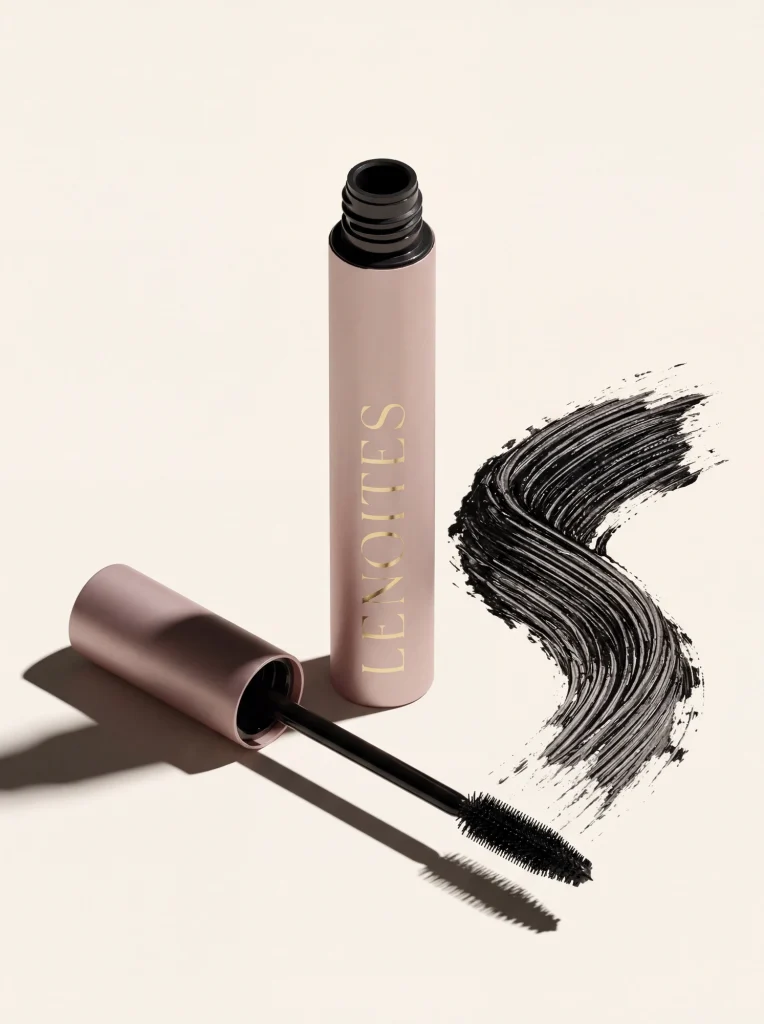 Stilren AI-bild på Lenoites mascara med borste och produktprov mot en minimalistisk bakgrund, kreativ produktfotografering.