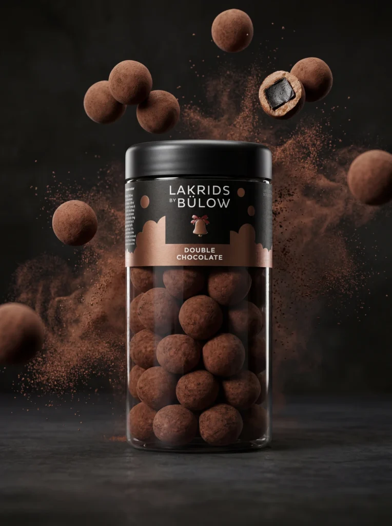 Dynamisk AI-produktbild på Lakrids by Bülow Double Chocolate med svävande lakritskulor och chokladstänk.