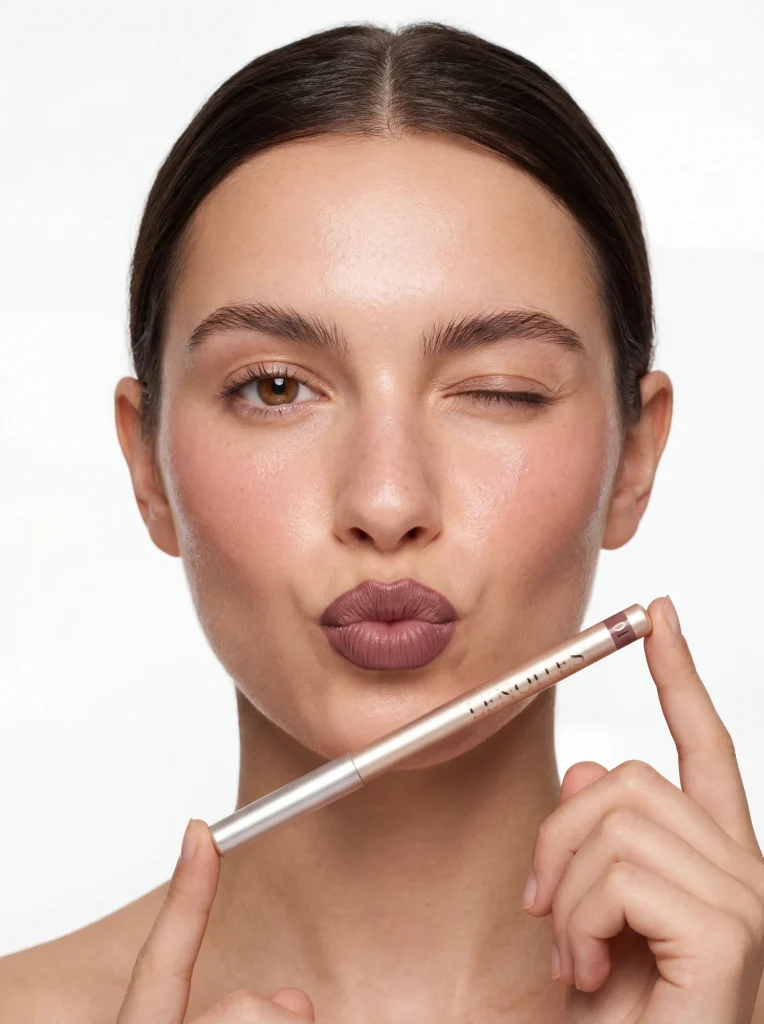 Skönhetsbild på en modell som visar Lenoites lip liner, AI-genererat porträtt för kosmetikmarknadsföring.