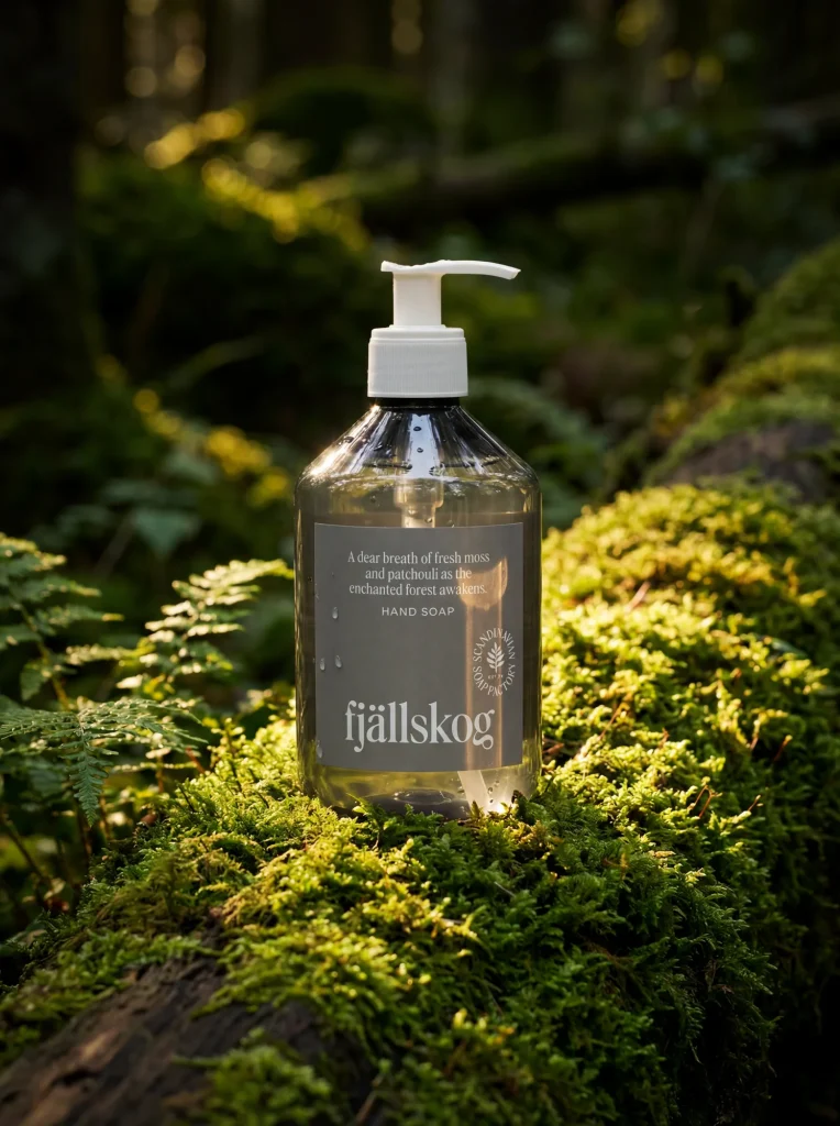 Lyxig AI-genererad produktbild av Scandinavian Soap Factory Fjällskog Handtvål på en klippa, med en baksida av enbär, vild hallon och ett fjällandskap.