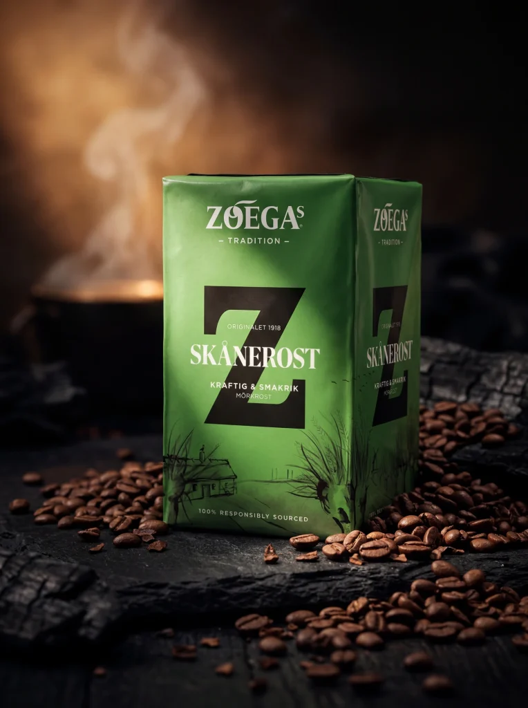 AI-genererad lifestyle-bild på Zoégas Skånerost kaffebönor och malet kaffe i en rustik miljö, skapad av Sköneskog Studio Stockholm för kaffemarknadsföring.