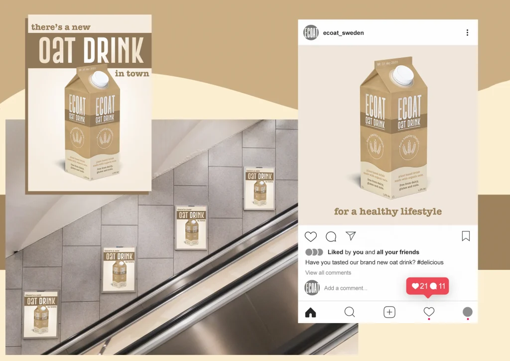 Annonser för förpackningsdesign av ECOAT, havremjölk. Designad av Robin Sköneskog.