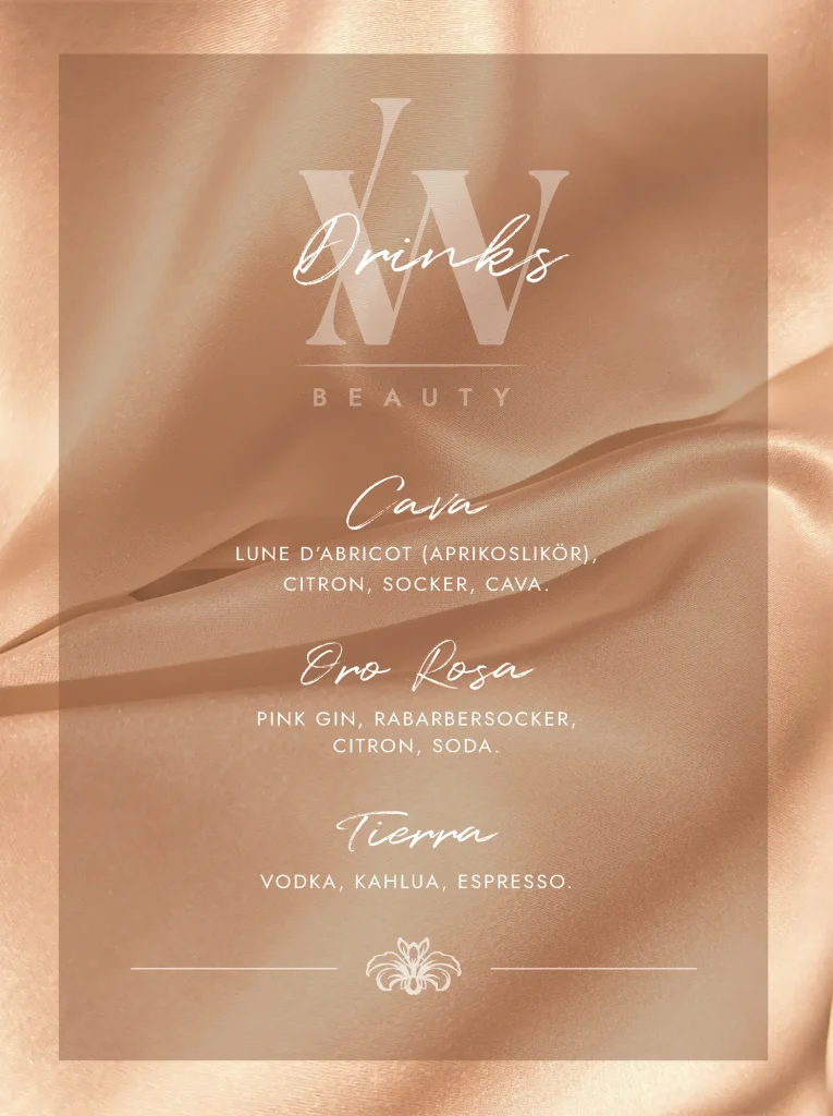 Grafisk drinklista för Ida Warg Beauty i Stockholm.